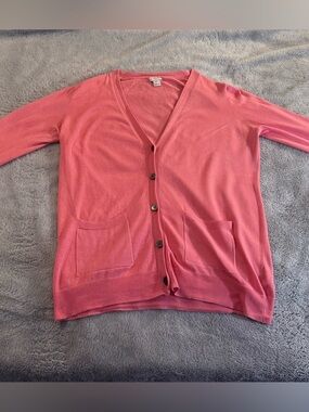 J. Crew Coral Pink V-Neck Button Cardigan with Patch Pockets